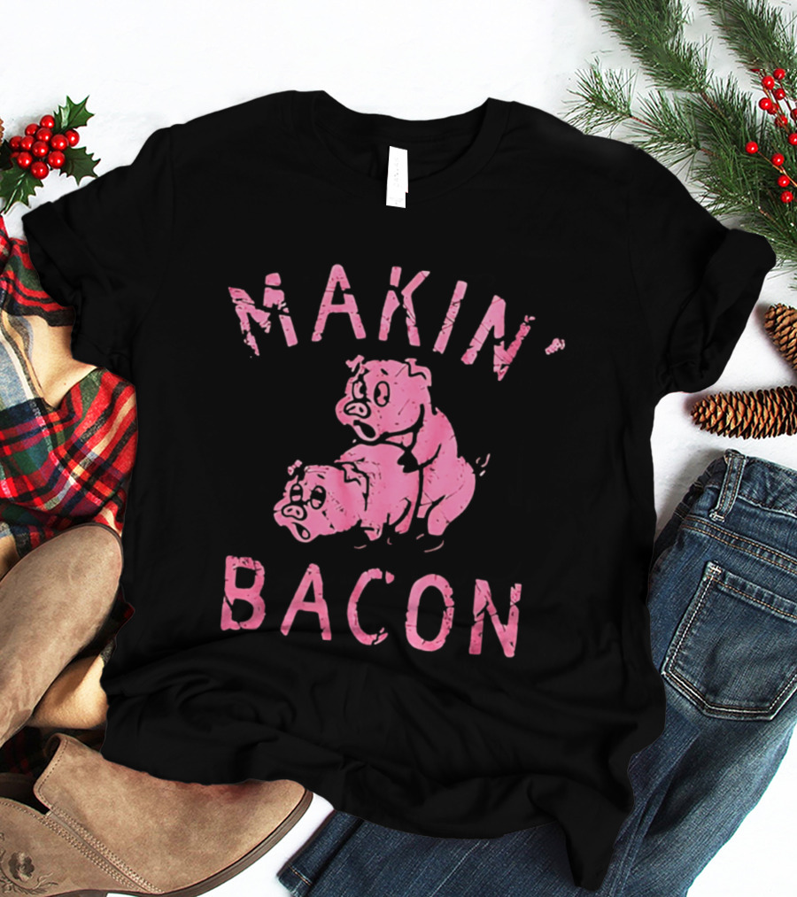 Makin Bacon Pigs Humorous Retro Graphic Pink T-Shirt