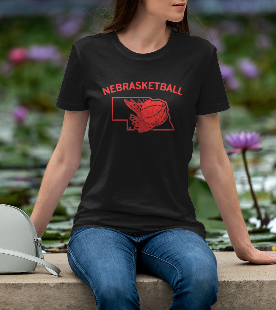 Nebrasketball Nebraska Basketball Red State Silhouette Basketball Net T-Shirt