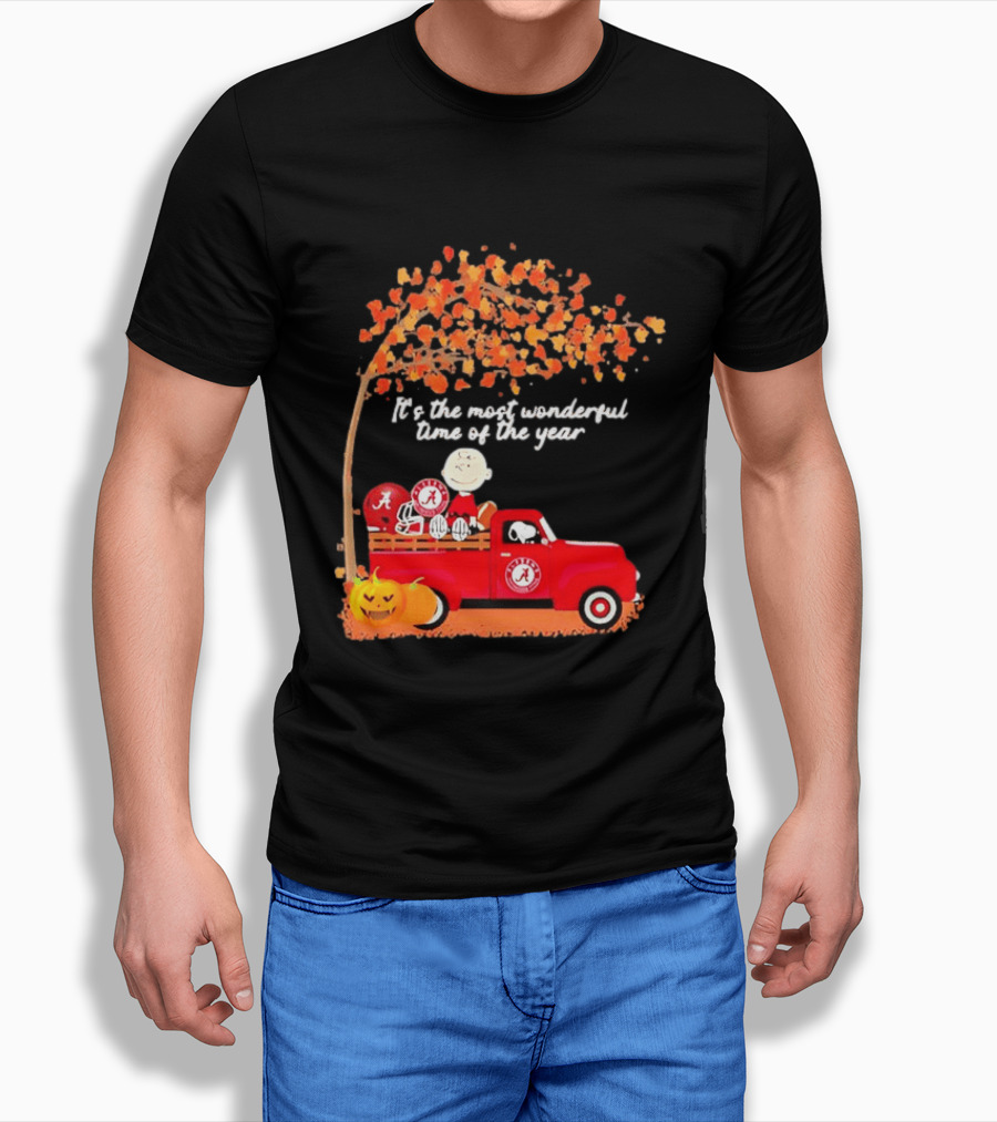 Peanuts Characters Alabama Crimson Tide Pickup Truck Fall Scene T-Shirt