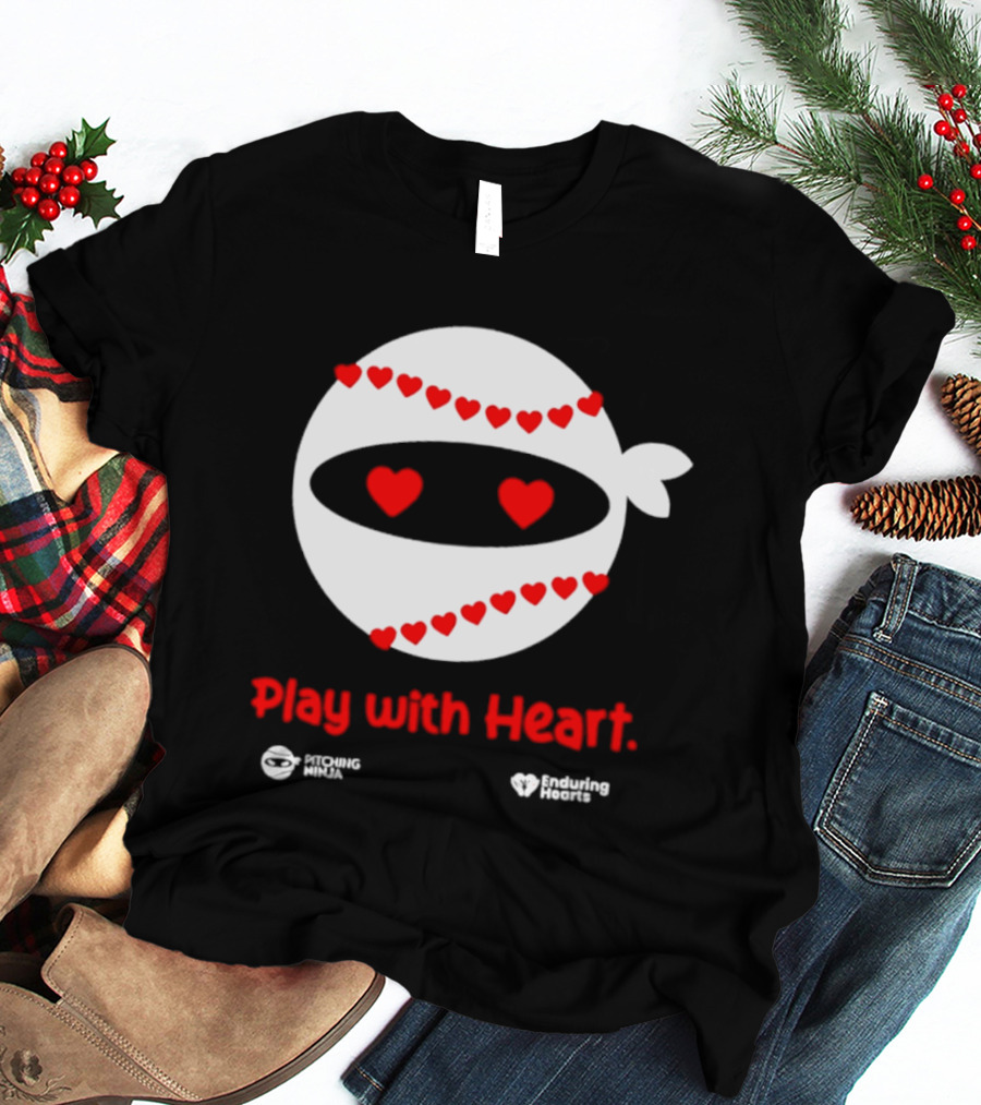 Pitching Ninja Play With Heart Red Love Hearts Baseball T-Shirt