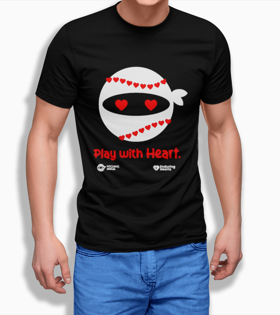 Pitching Ninja Play With Heart Red Love Hearts Baseball T-Shirt
