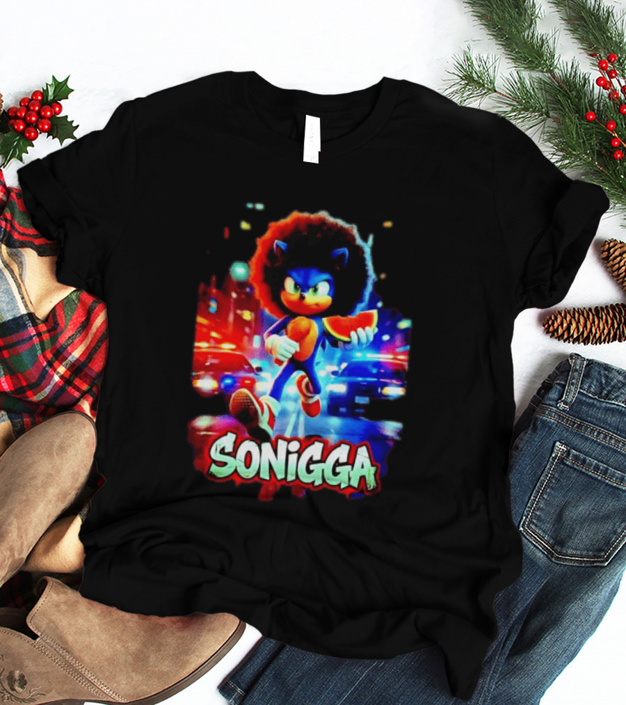 SONIGGA Sonic The Hedgehog Holding Watermelon Afro T-Shirt