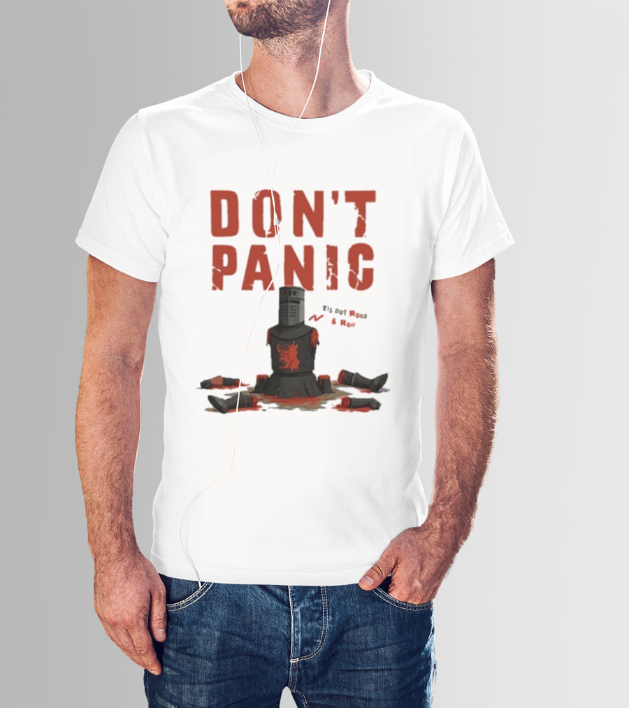 Don't Panic Monty Python Black Knight Sitting In Limbs T-Shirt
