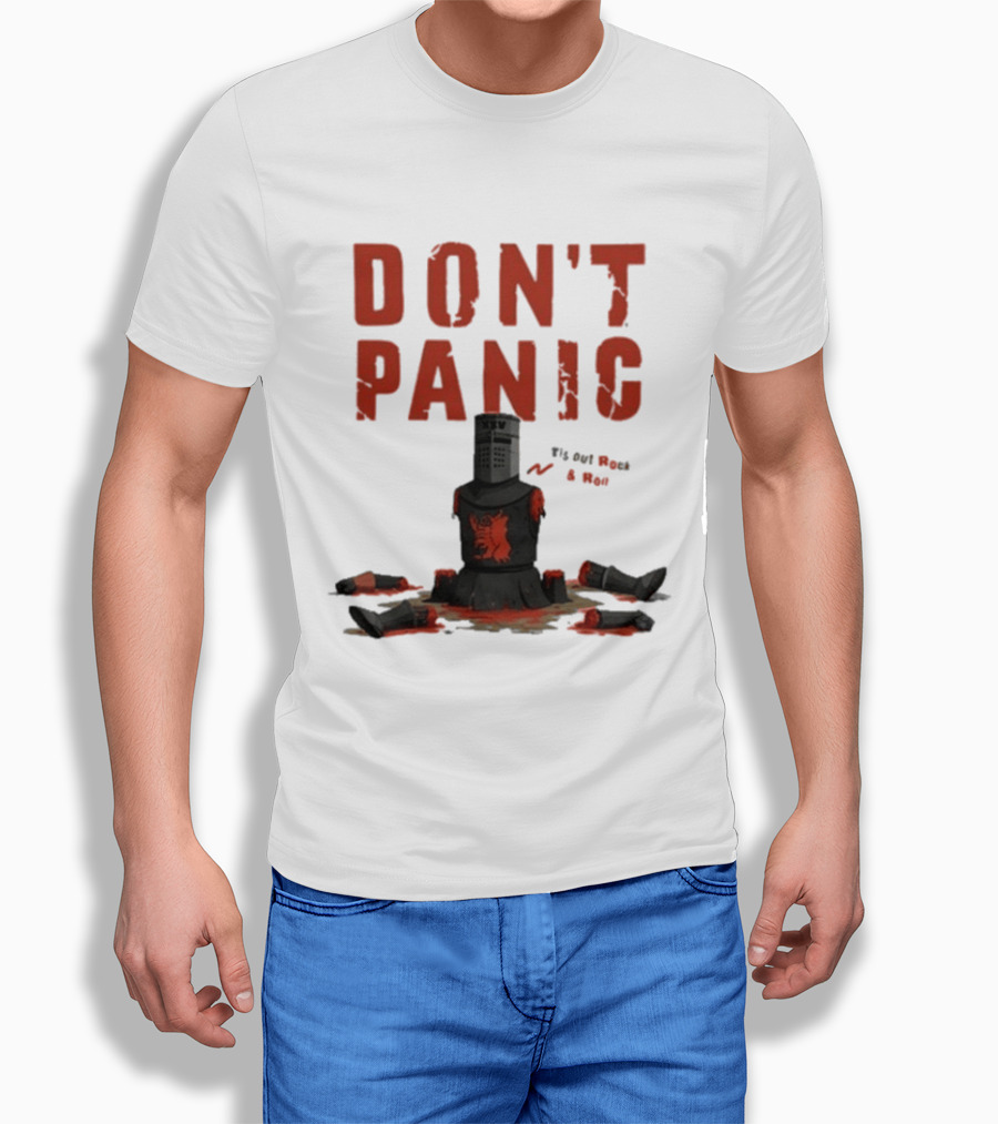 Don't Panic Monty Python Black Knight Sitting In Limbs T-Shirt