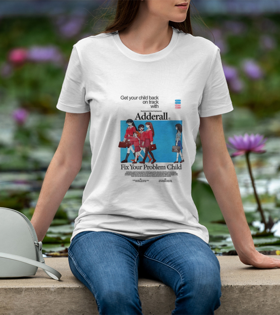 Get Your Problem Child Back On Track With Adderall Anime Girls In Red Uniforms With Briefcases And Pills T-Shirt