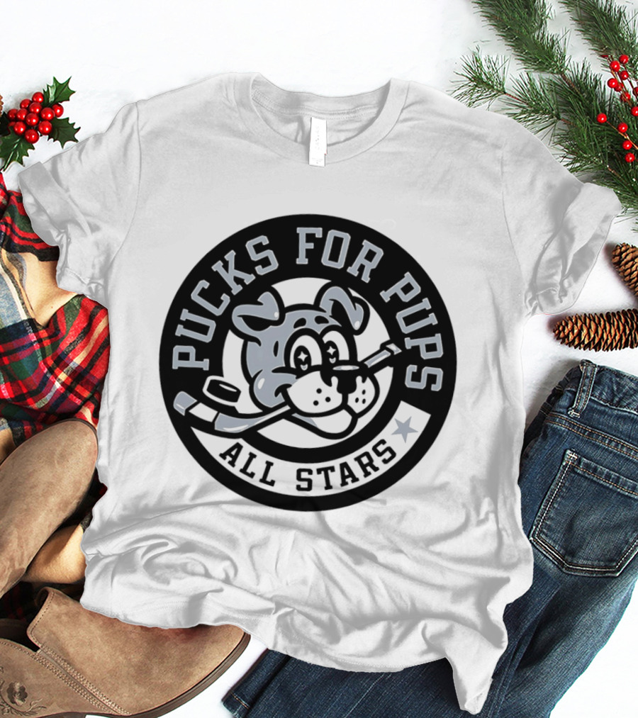 Pucks For Pups All Stars Hockey Dog With Hockey Stick T-Shirt