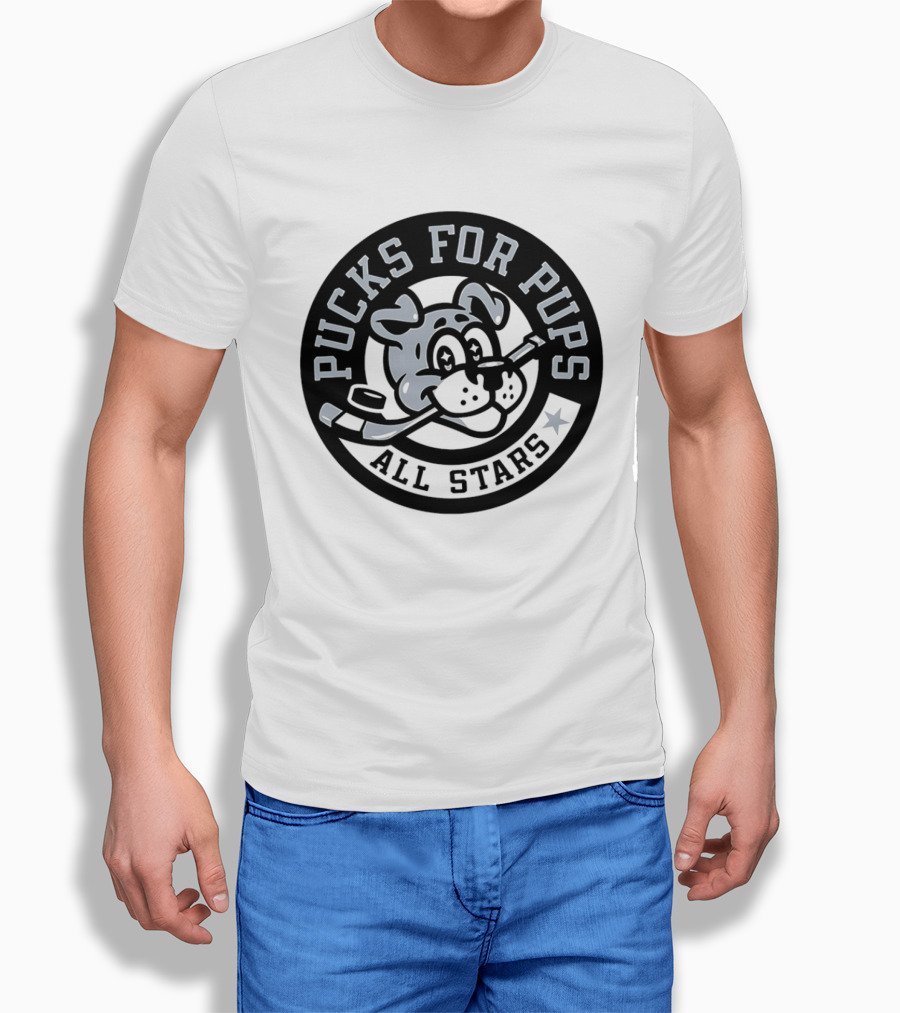 Pucks For Pups All Stars Hockey Dog With Hockey Stick T-Shirt