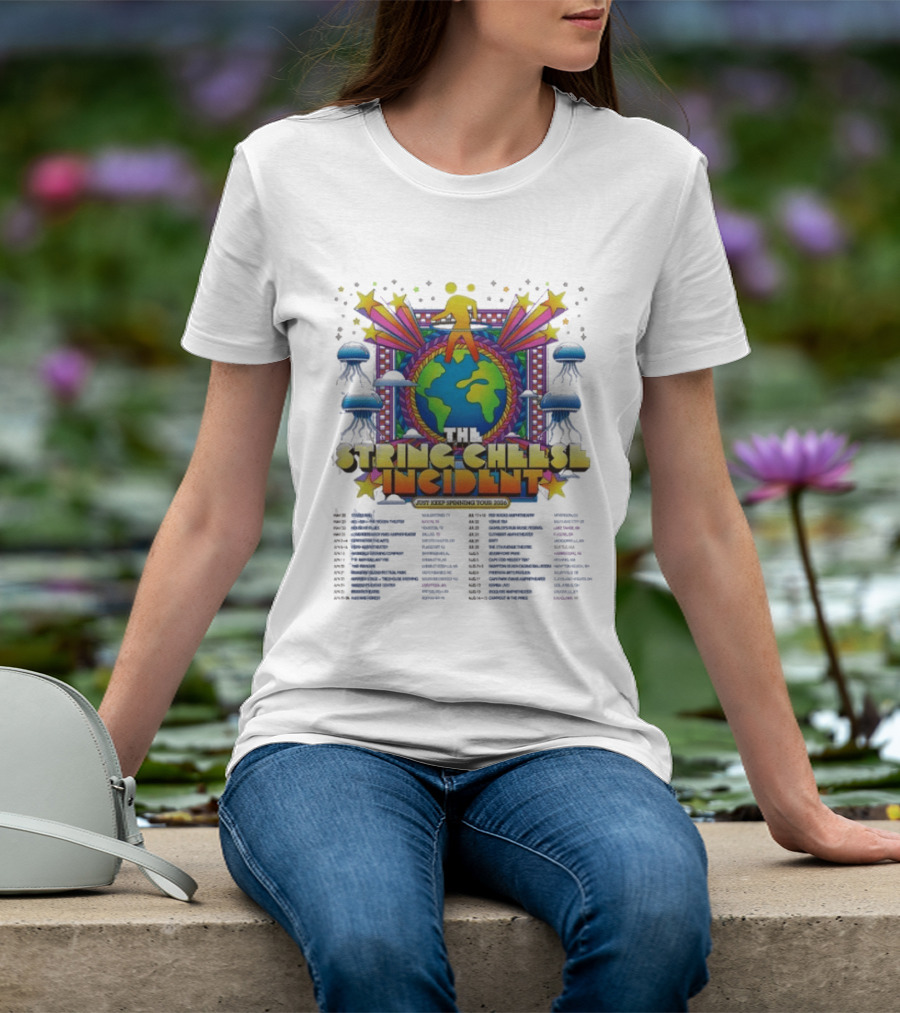 The String Cheese Incident Just Keep Spinning Tour 2026 North America Dates Psychedelic Globe And Jellyfish Motif T-Shirt