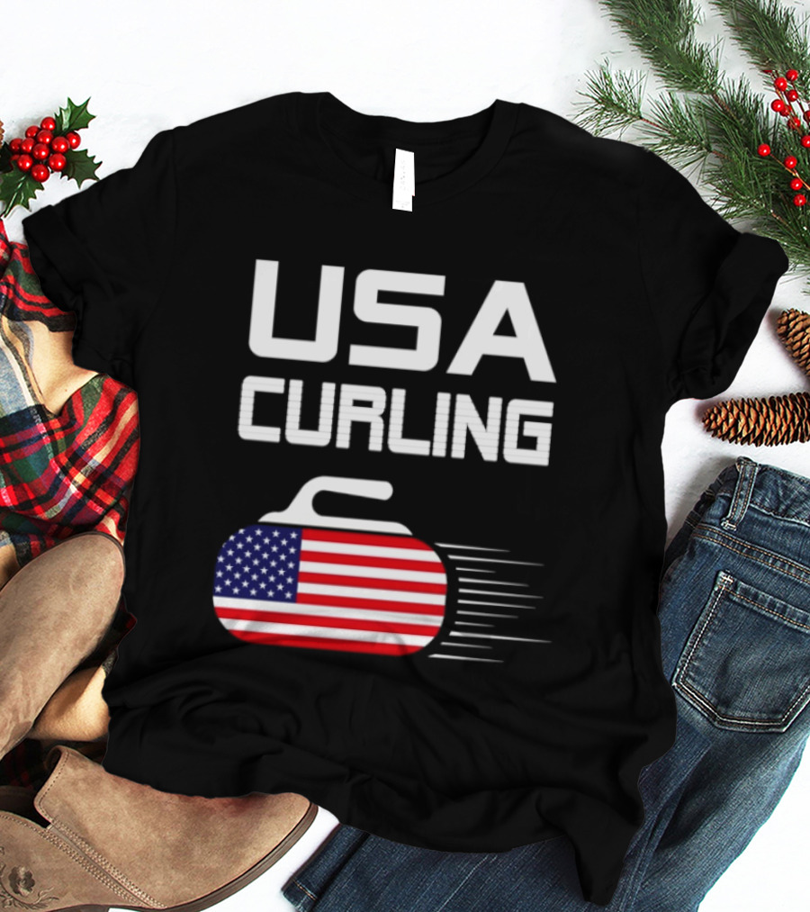 USA Curling American Flag Stone T-Shirt
