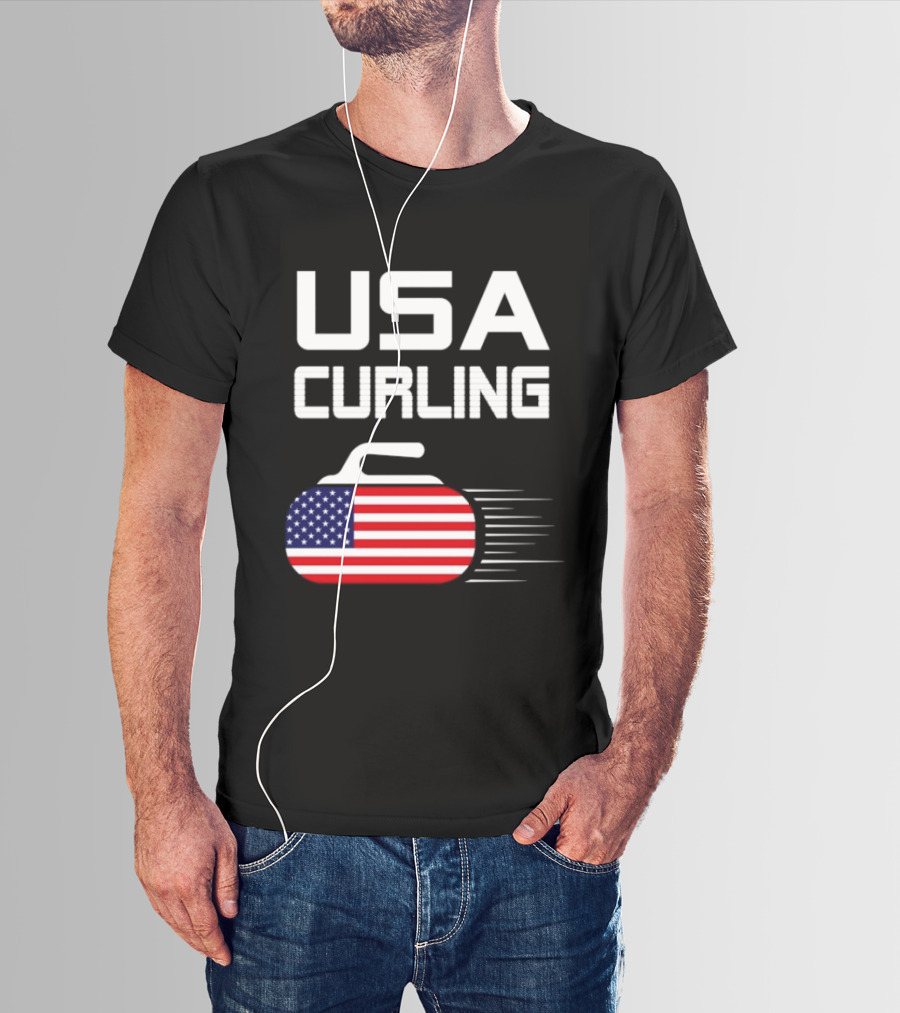 USA Curling American Flag Stone T-Shirt