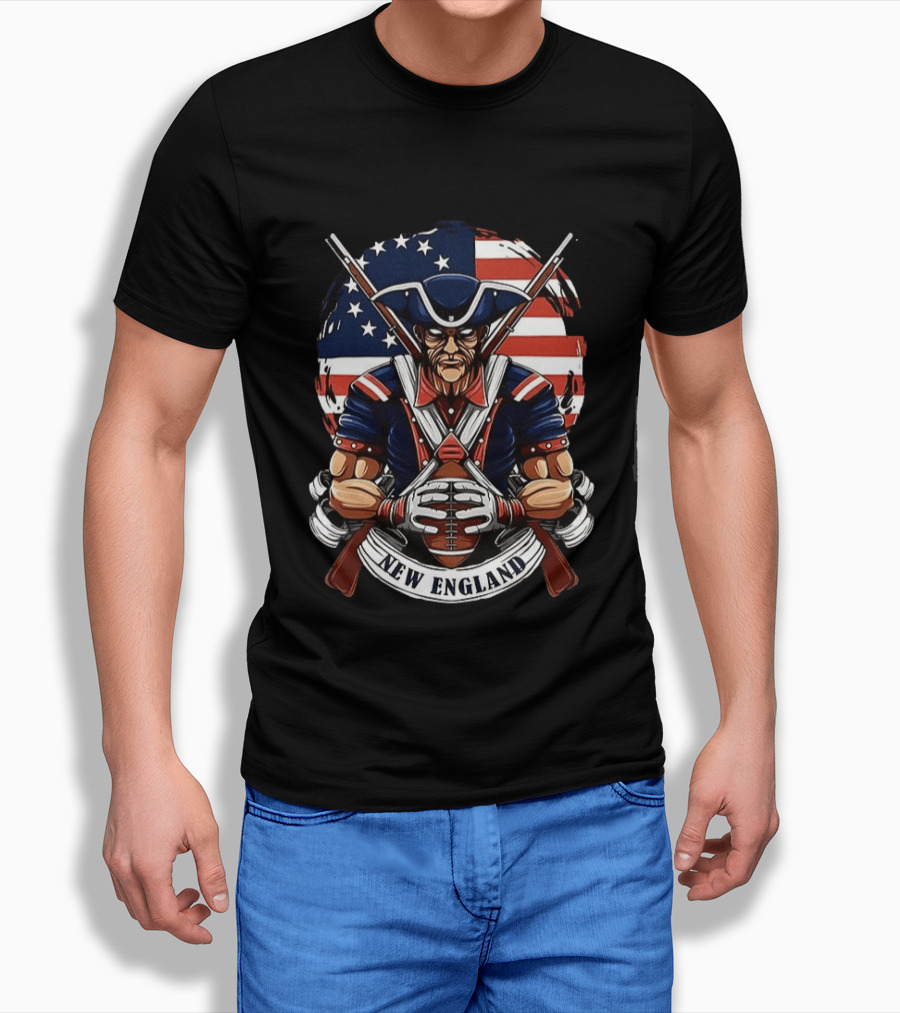 New England Patriots Revolutionary Soldier American Flag Football T-Shirt