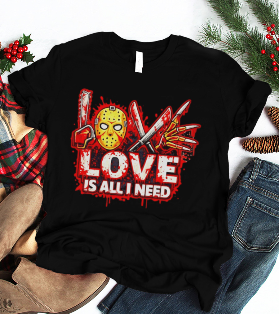 Horror Love Is All I Need Valentine Halloween Mask Knife Claw T-Shirt