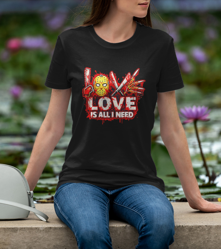 Horror Love Is All I Need Valentine Halloween Mask Knife Claw T-Shirt