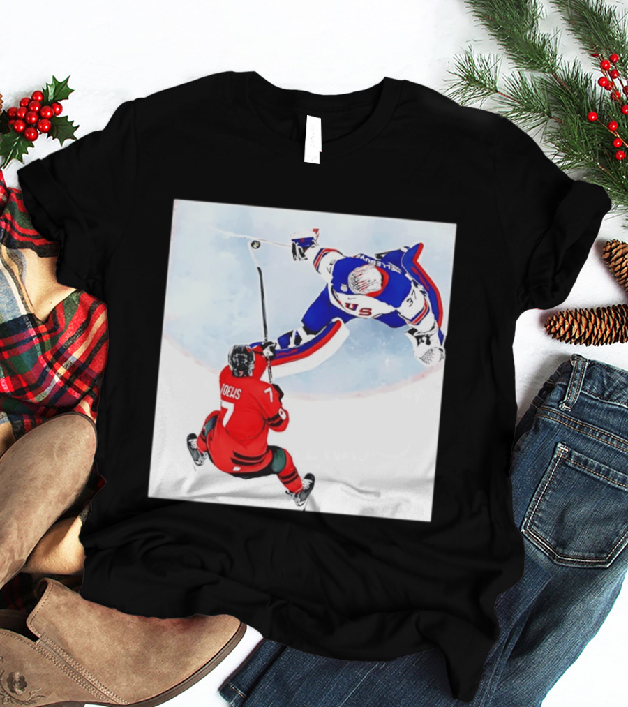 Connor Hellebuyck USA Goalie Save Hockey Match T-Shirt