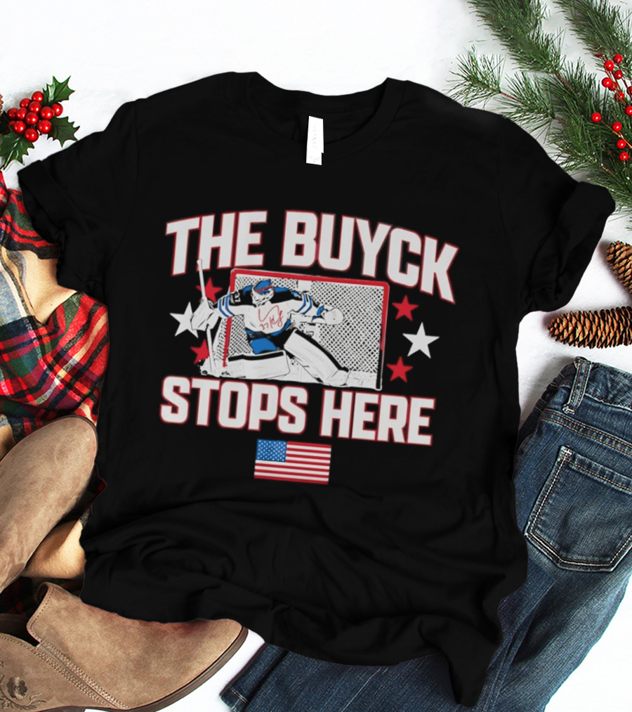 The Buyck Stops Here Winnipeg Jets Hockey Goalie USA Flag Stars T-Shirt