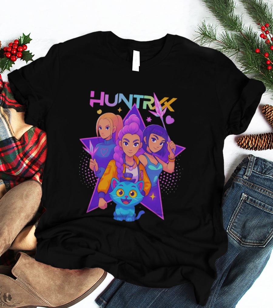 Huntrx Anime All Characters Vibrant Magical Trio And Blue Cat With Crystal Stars T-Shirt