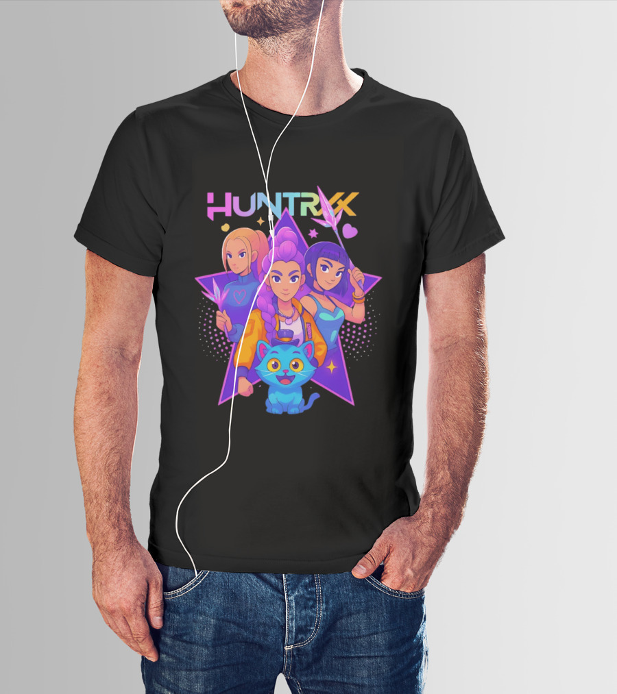 Huntrx Anime All Characters Vibrant Magical Trio And Blue Cat With Crystal Stars T-Shirt