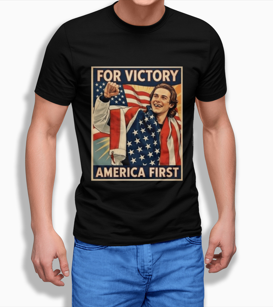 For Victory America First Patriotic Jack Hughes Victory Pose T-Shirt