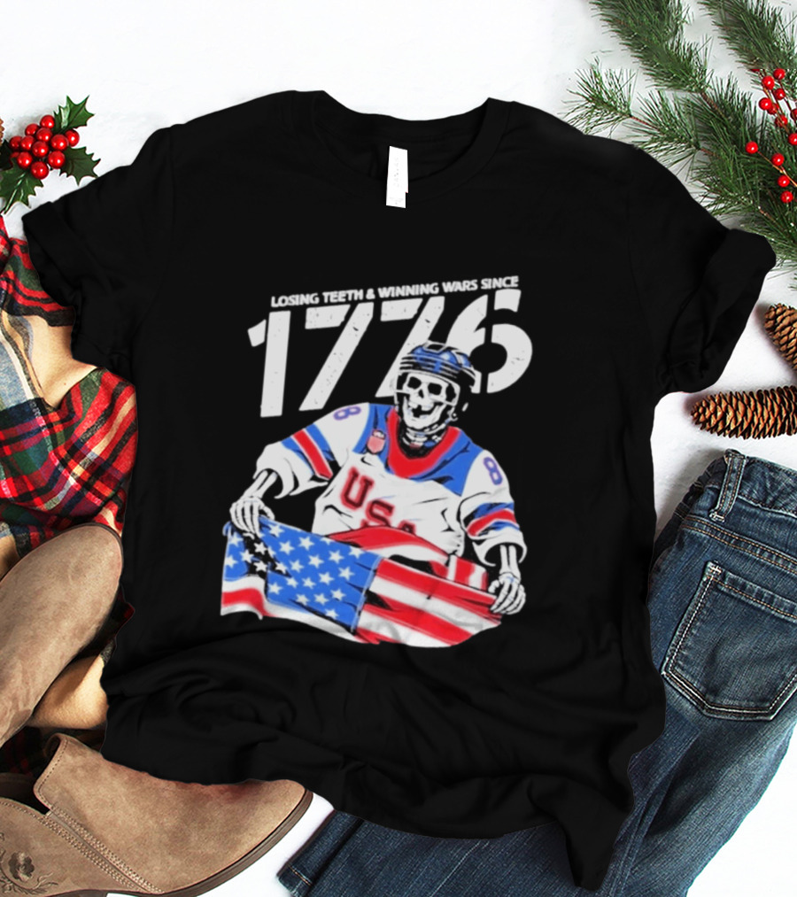 Losing Teeth Winning Wars Since 1776 USA Hockey Skeleton American Flag T-Shirt