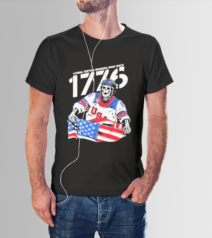 Losing Teeth Winning Wars Since 1776 USA Hockey Skeleton American Flag T-Shirt