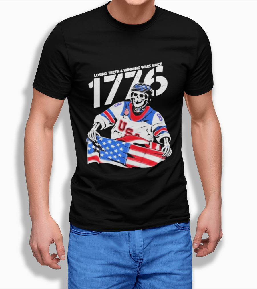 Losing Teeth Winning Wars Since 1776 USA Hockey Skeleton American Flag T-Shirt