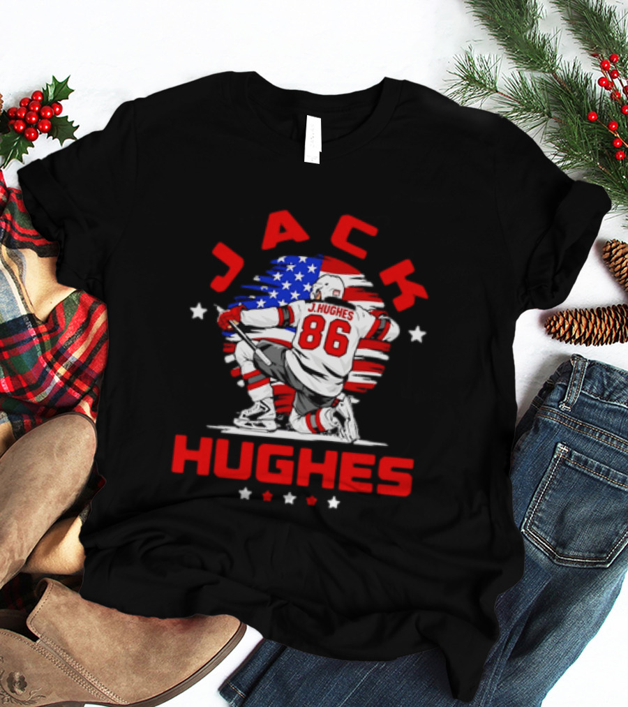 Jack Hughes 86 New Jersey Devils USA Flag Celebration T-Shirt
