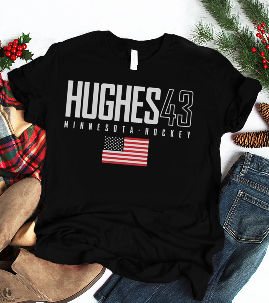 Hughes 43 Minnesota Hockey USA Flag T-Shirt