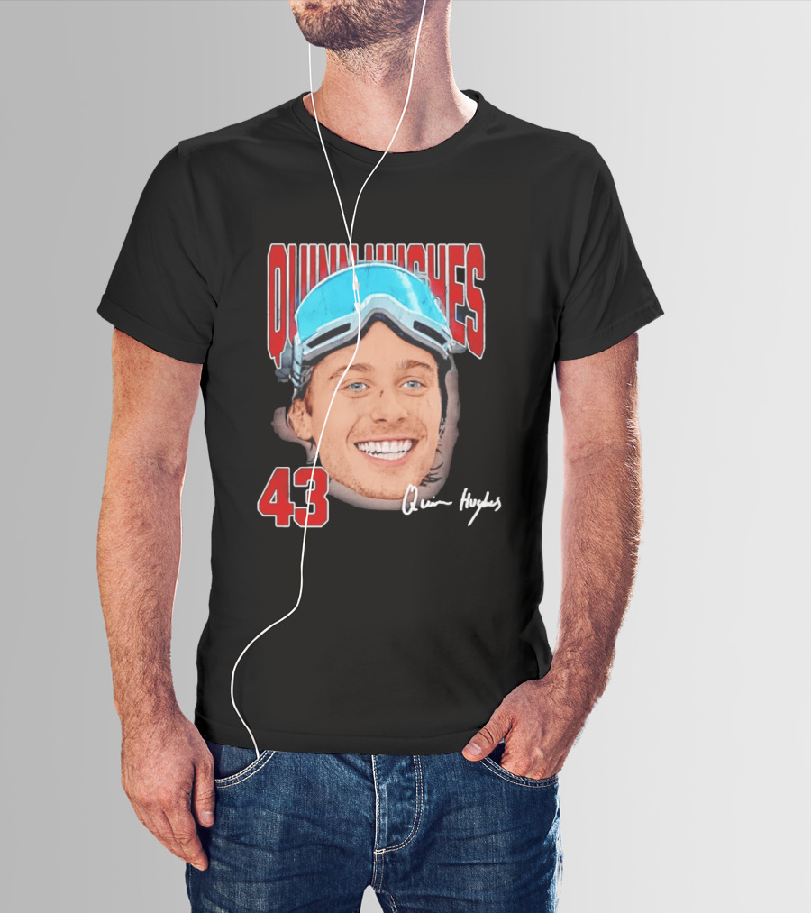 Quinn Hughes Big Head Goggles 43 Signature T-Shirt