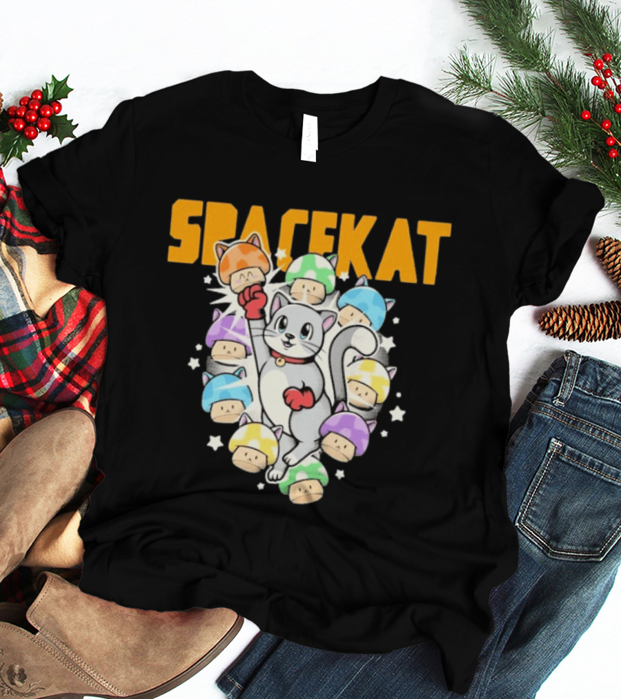 Spacekat Cat Surrounded By Colorful Mushroom Characters T-Shirt