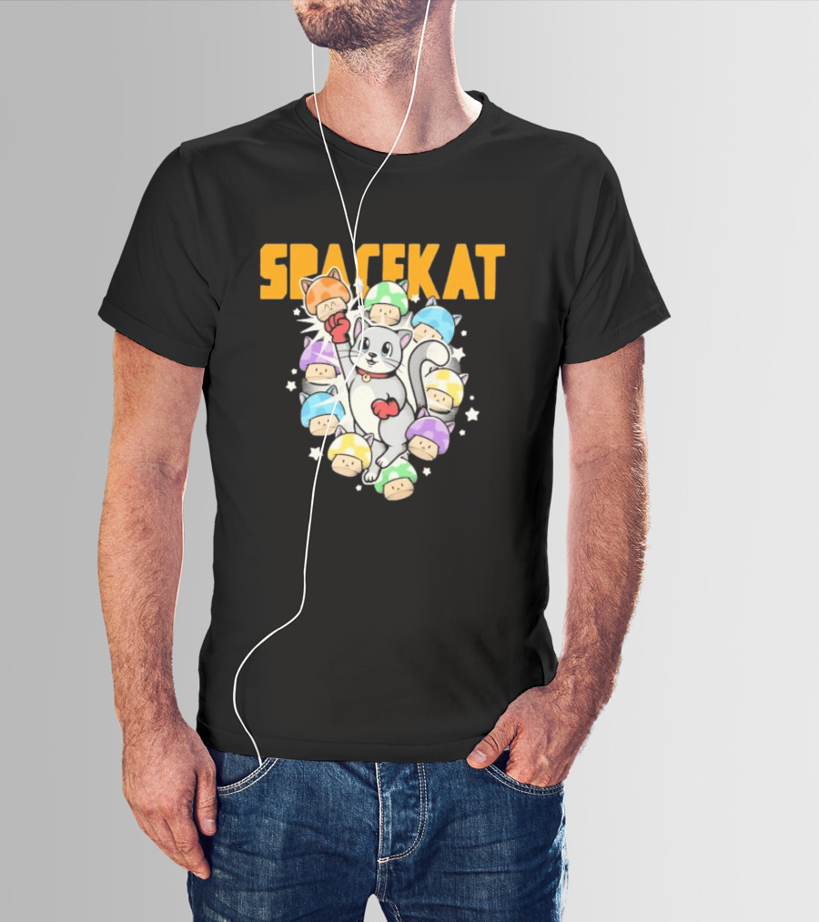 Spacekat Cat Surrounded By Colorful Mushroom Characters T-Shirt