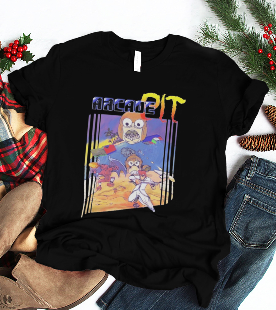 Arcade Pit Smight X Contra Characters And Cartoon Face Beach Scene T-Shirt