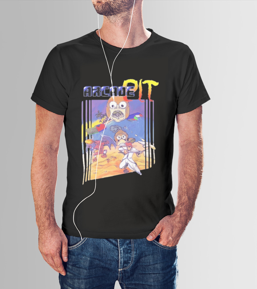Arcade Pit Smight X Contra Characters And Cartoon Face Beach Scene T-Shirt