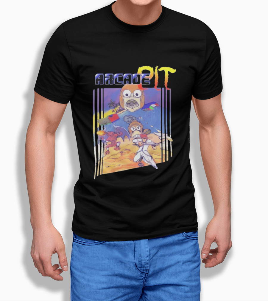 Arcade Pit Smight X Contra Characters And Cartoon Face Beach Scene T-Shirt