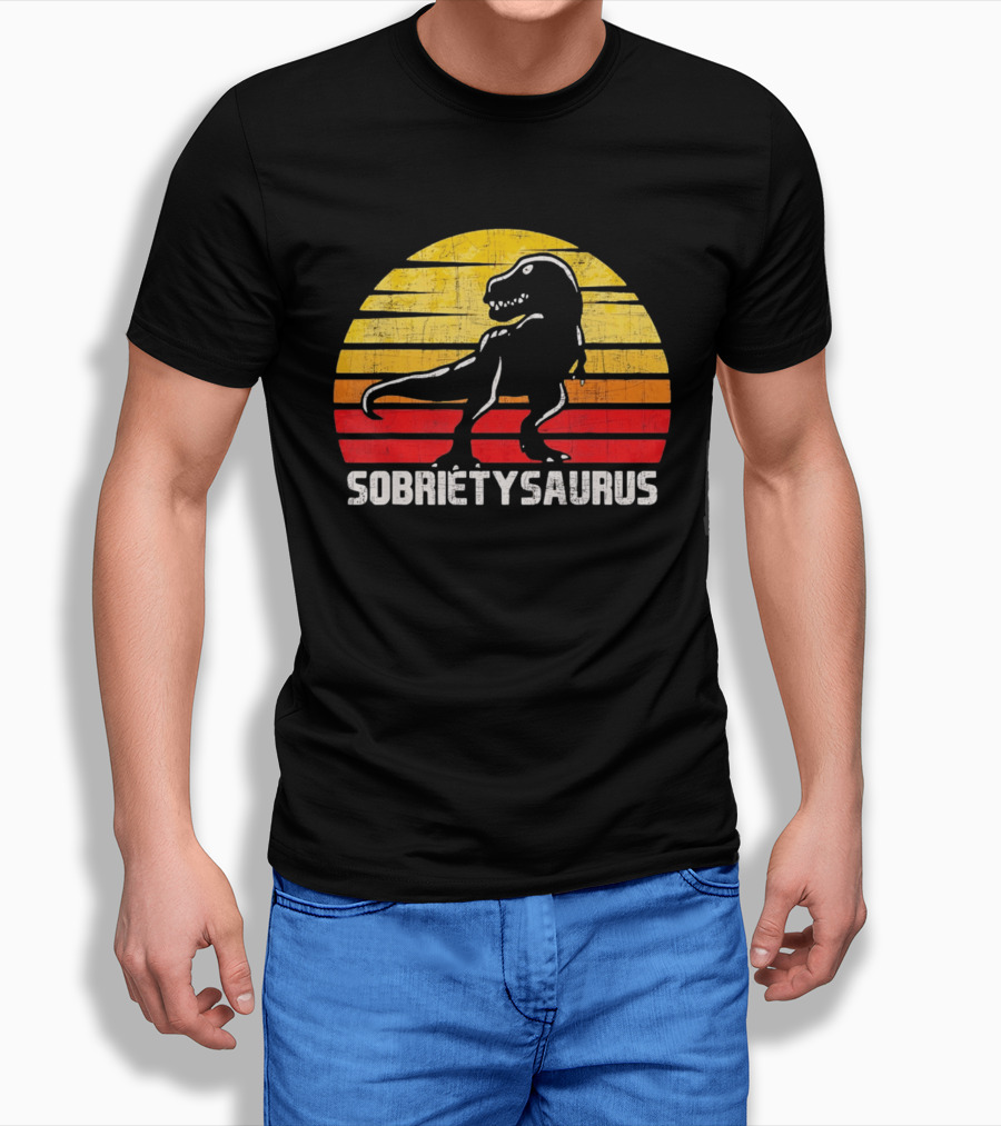 Sober Sobrietysaurus Sobriety Anniversary Recovery Rex Sunset T-Shirt