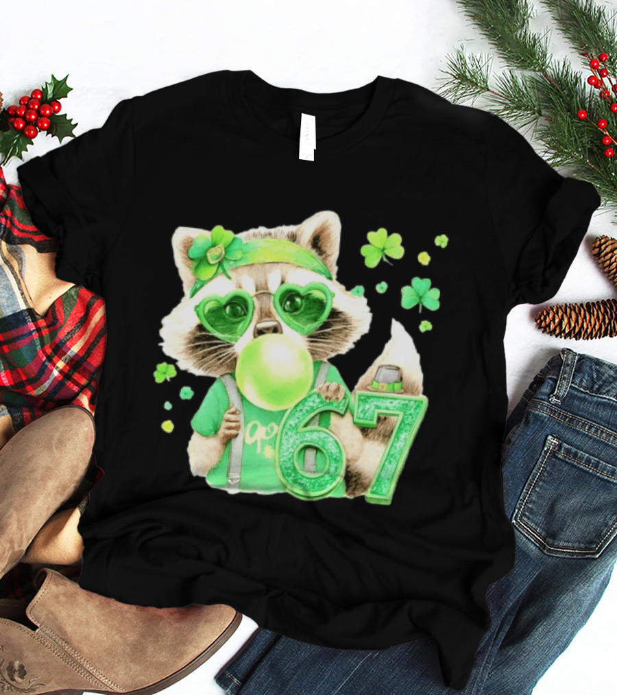 St Patrick's Day Raccoon With Shamrock Heart Glasses And 67 Bubblegum T-Shirt