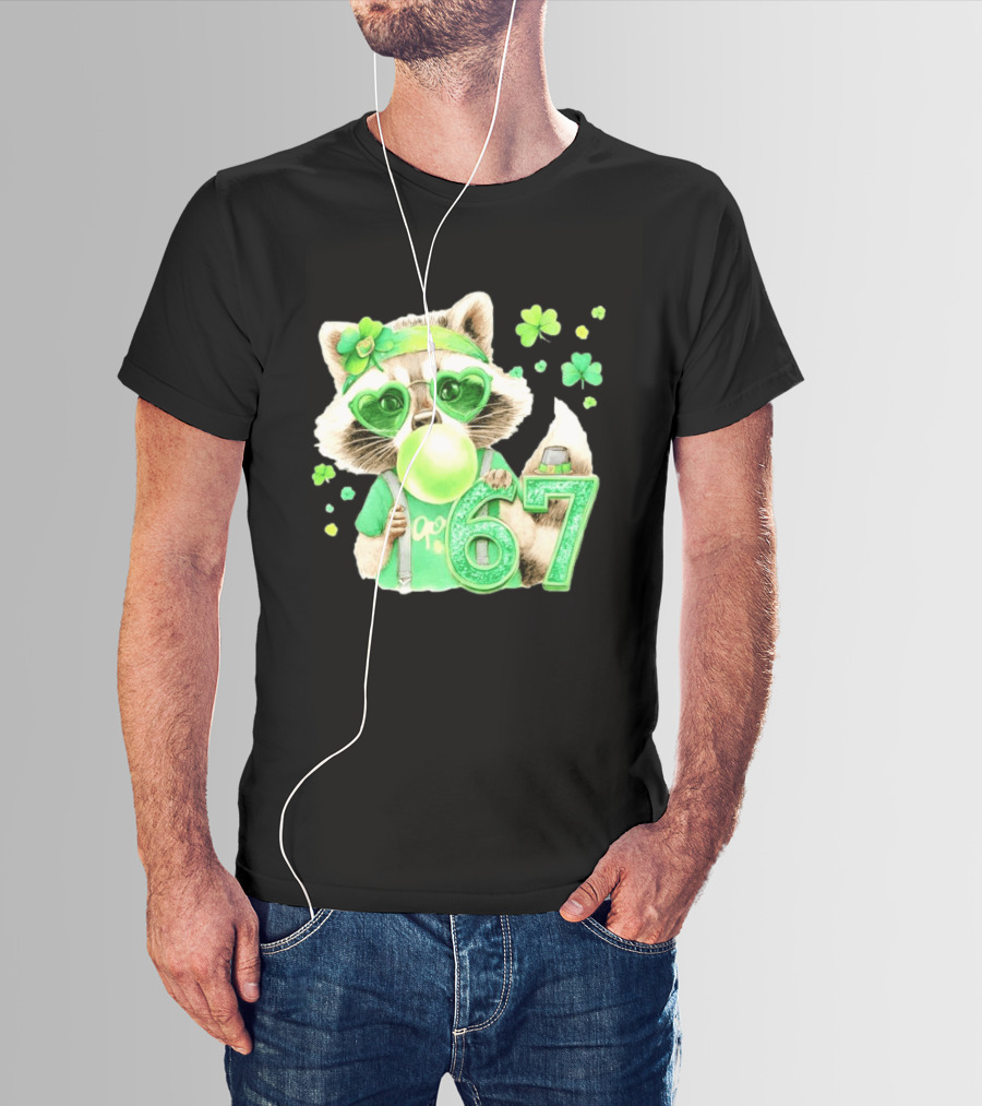 St Patrick's Day Raccoon With Shamrock Heart Glasses And 67 Bubblegum T-Shirt