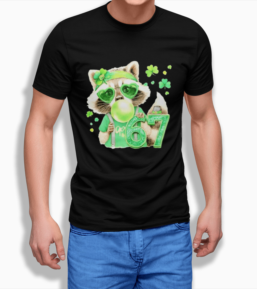 St Patrick's Day Raccoon With Shamrock Heart Glasses And 67 Bubblegum T-Shirt