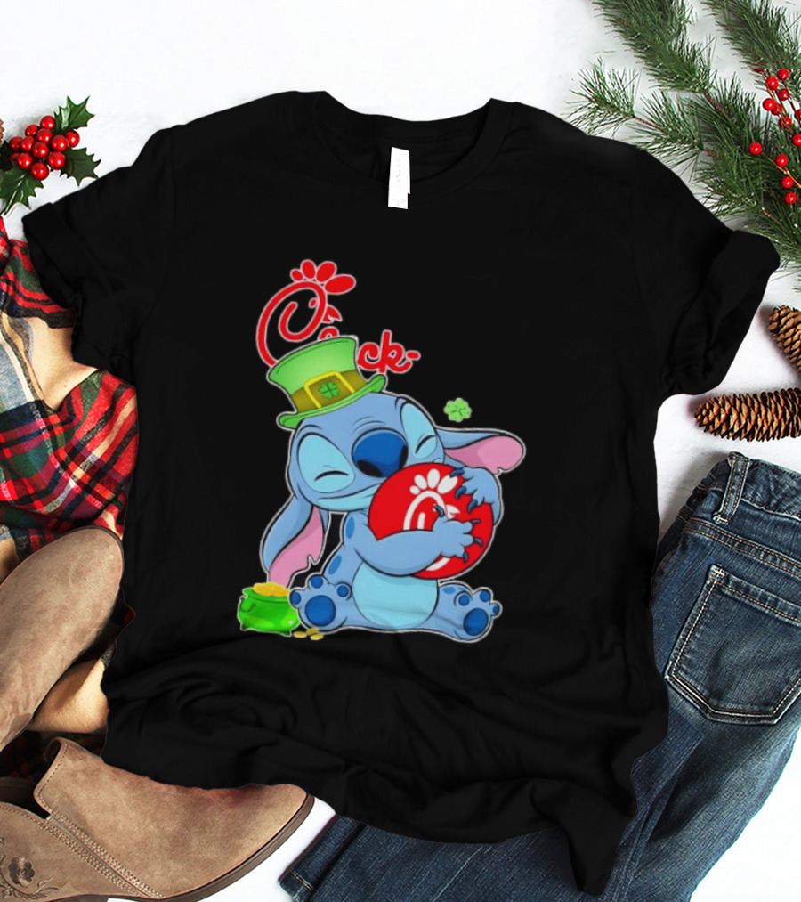 Stitch Holding Chick Fil A Logo With St. Patrick's Day Hat And Clover T-Shirt