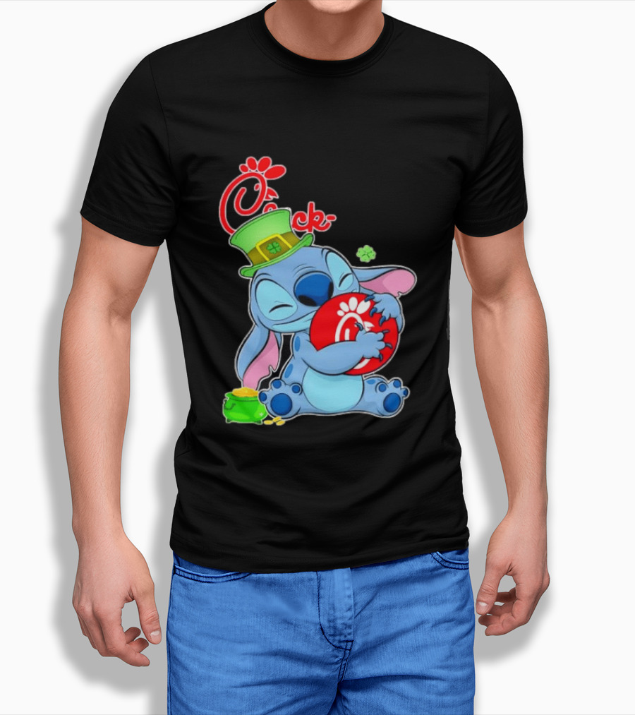 Stitch Holding Chick Fil A Logo With St. Patrick's Day Hat And Clover T-Shirt