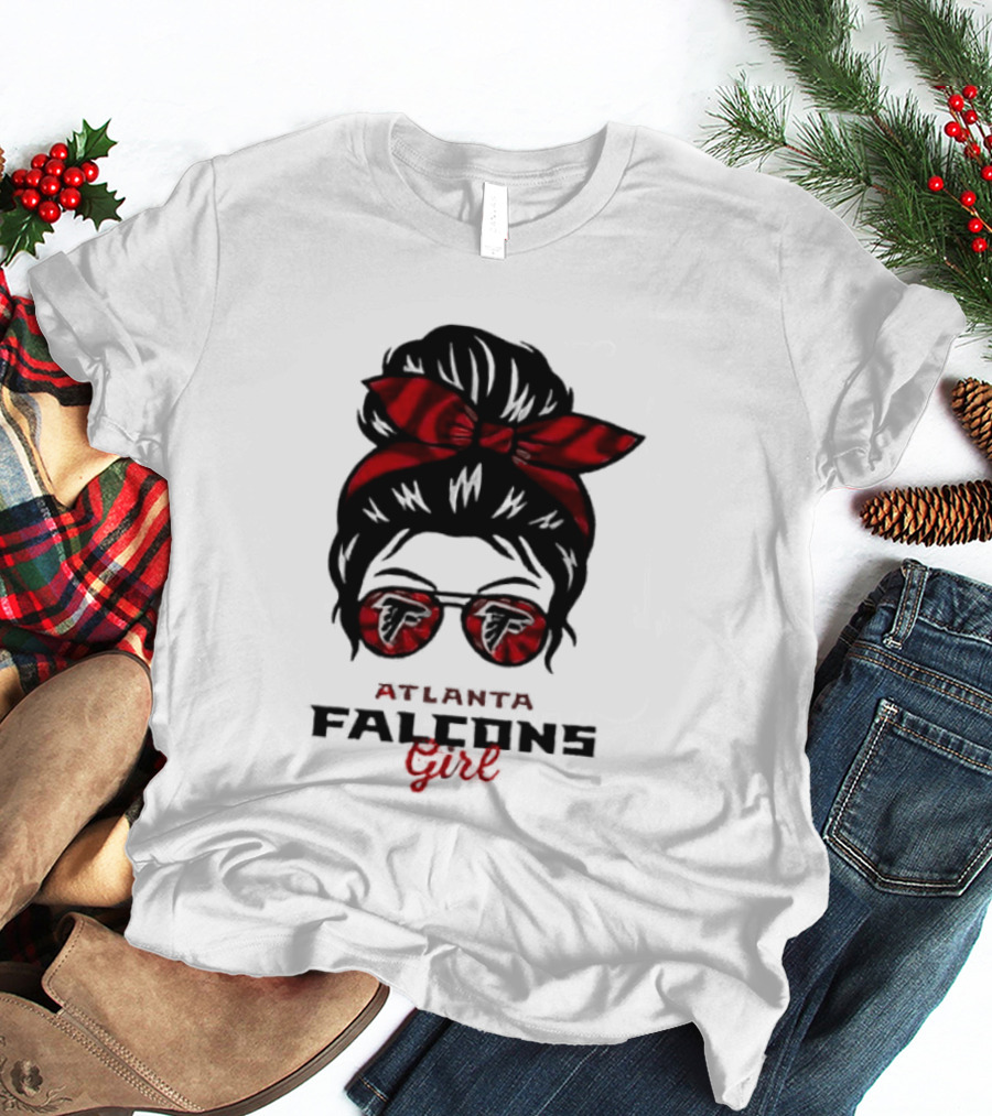 Atlanta Falcons Girl Messy Bun 2026 Bow Sunglasses T-Shirt