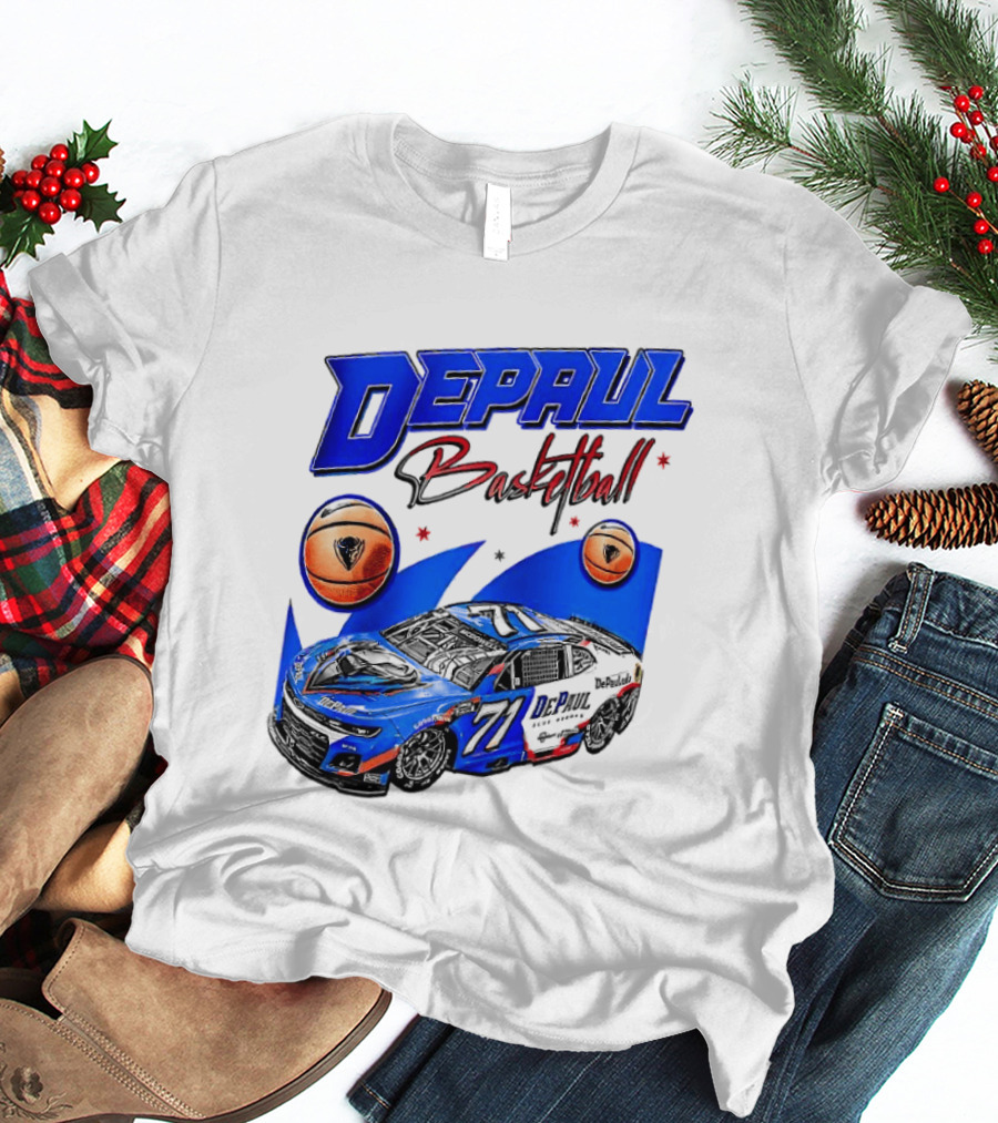 DePaul Basketball NASCAR Collaboration With Blue Race Car And Basketball T-Shirt