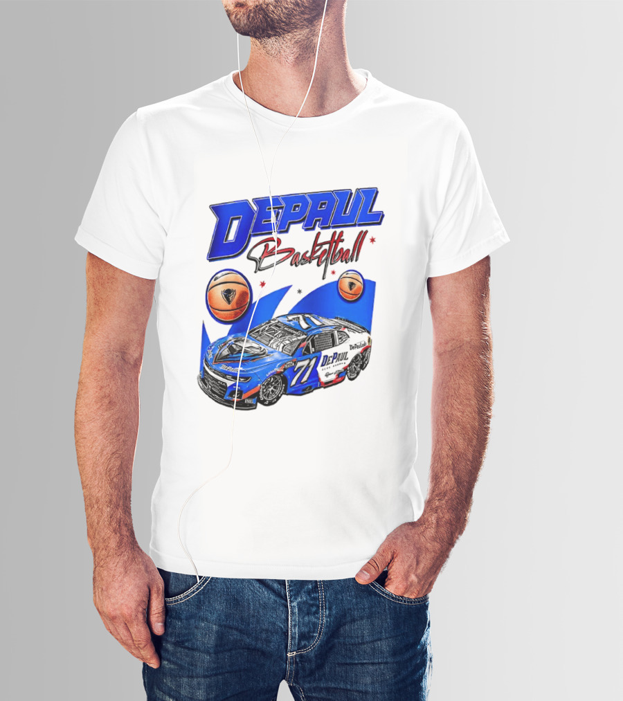 DePaul Basketball NASCAR Collaboration With Blue Race Car And Basketball T-Shirt