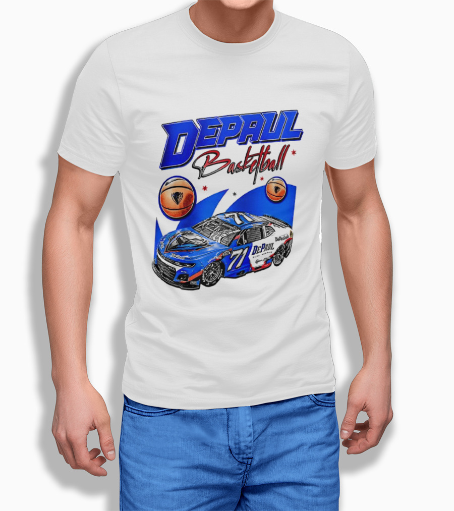 DePaul Basketball NASCAR Collaboration With Blue Race Car And Basketball T-Shirt