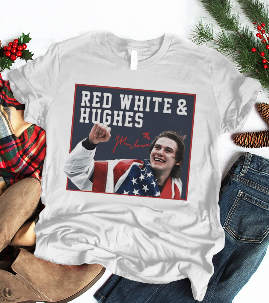Red White & Hughes Jack Hughes USA Hockey 2026 Golden Goal T-Shirt
