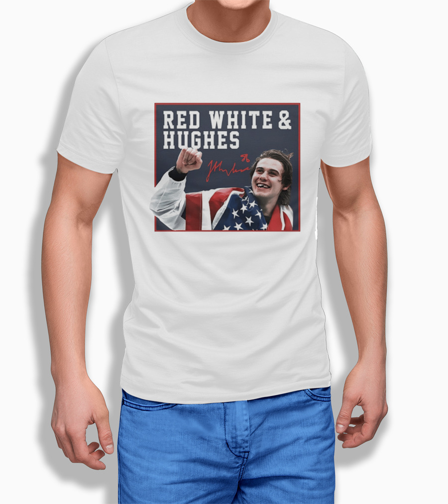 Red White & Hughes Jack Hughes USA Hockey 2026 Golden Goal T-Shirt