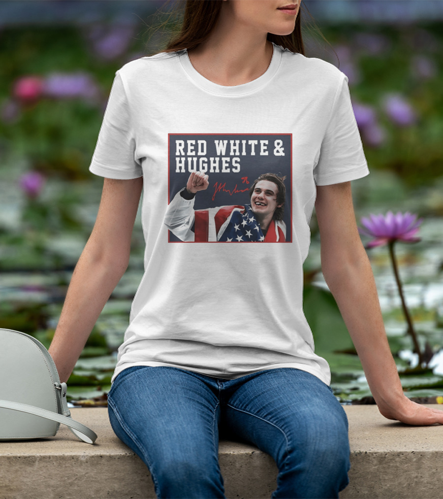 Red White & Hughes Jack Hughes USA Hockey 2026 Golden Goal T-Shirt