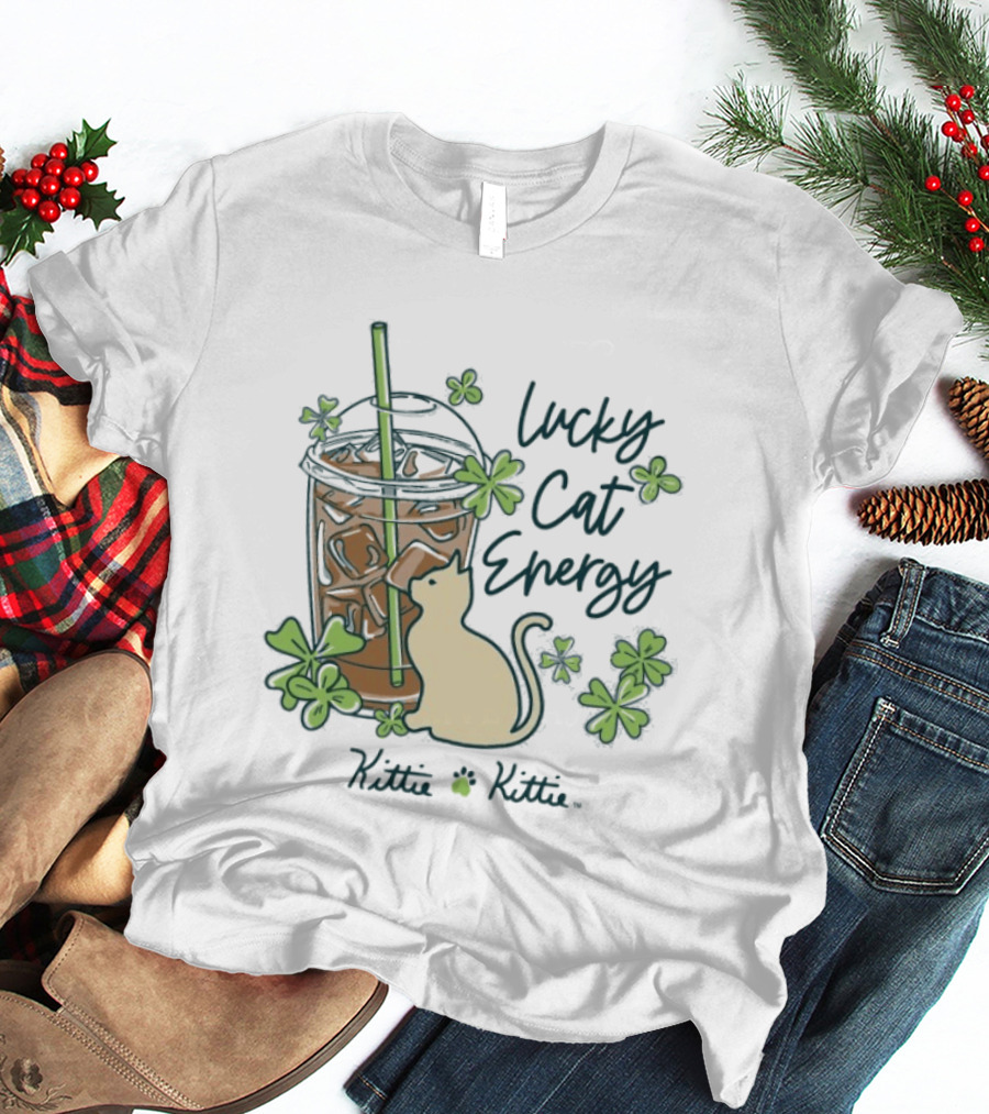 Lucky Cat Energy Kittie Kittie St. Patrick's Day Shamrock Iced Drink T-Shirt