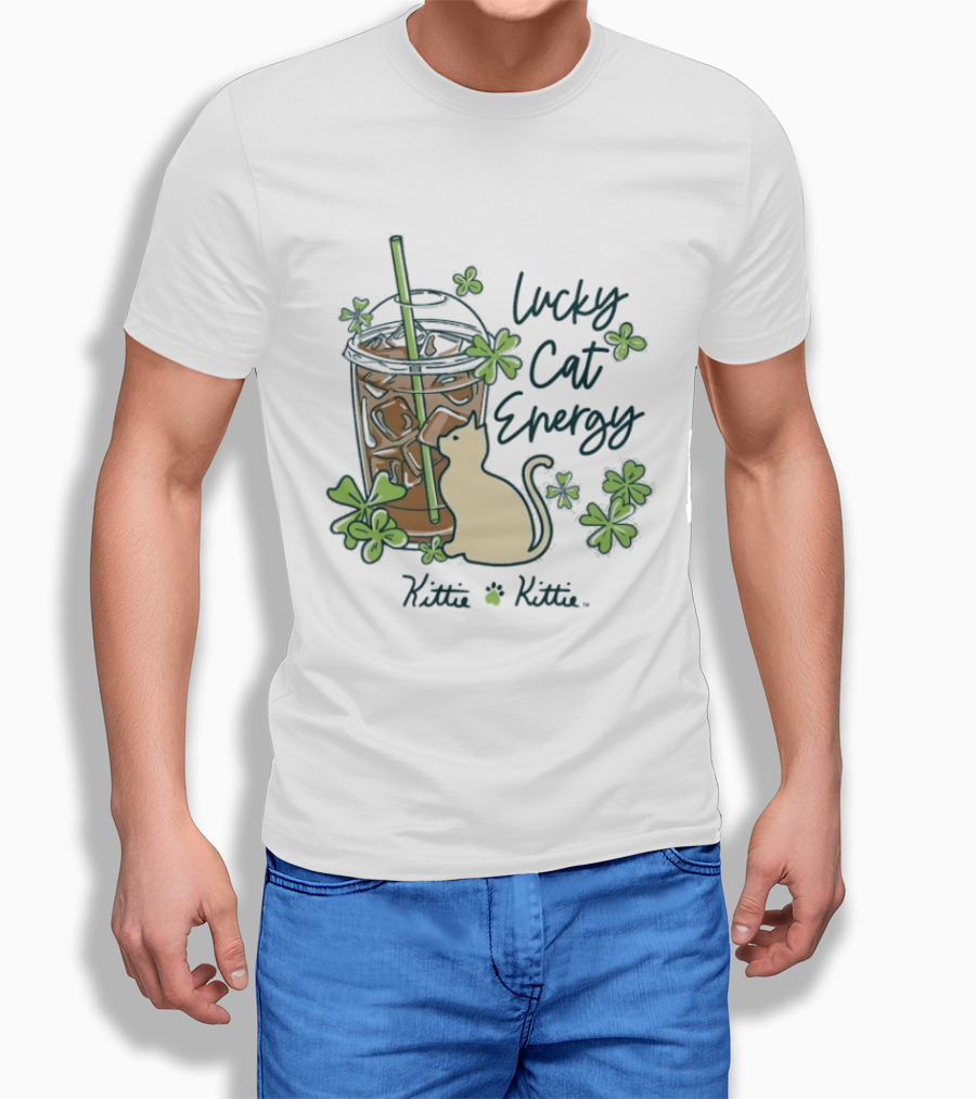 Lucky Cat Energy Kittie Kittie St. Patrick's Day Shamrock Iced Drink T-Shirt