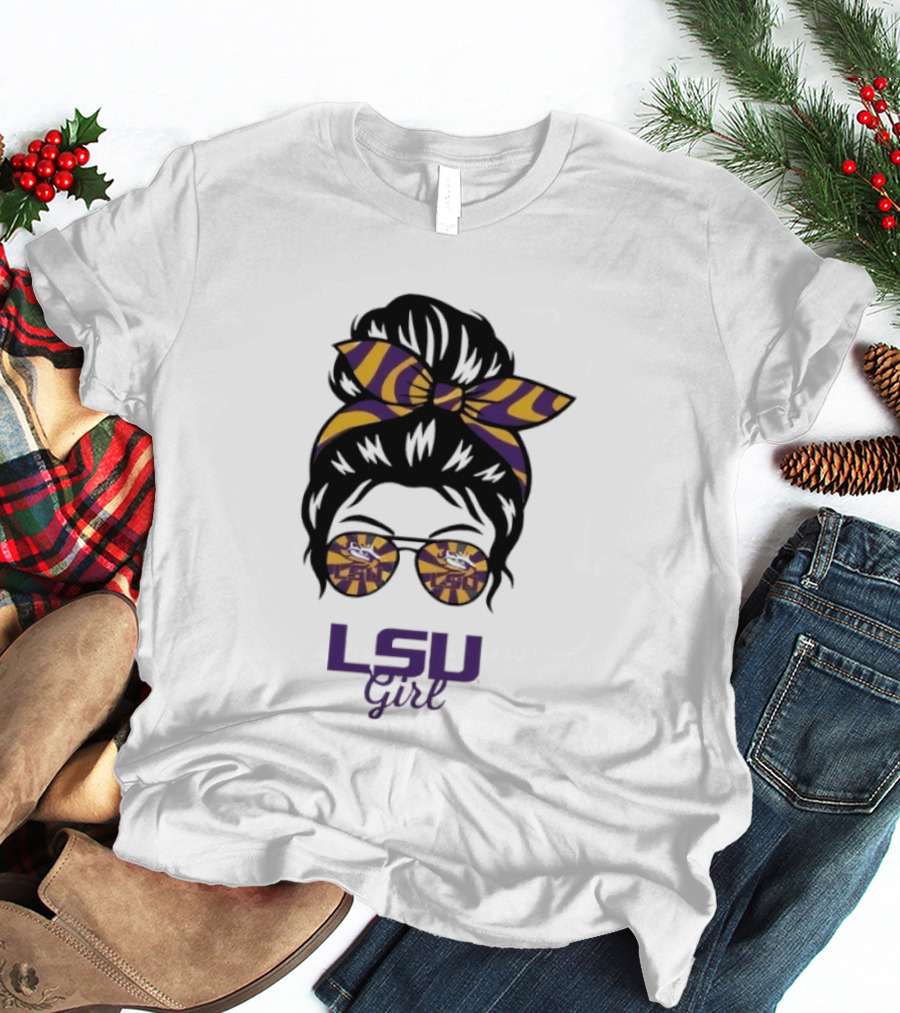 LSU Tigers Girl Purple Yellow Stripes Messy Bun Glasses T-Shirt