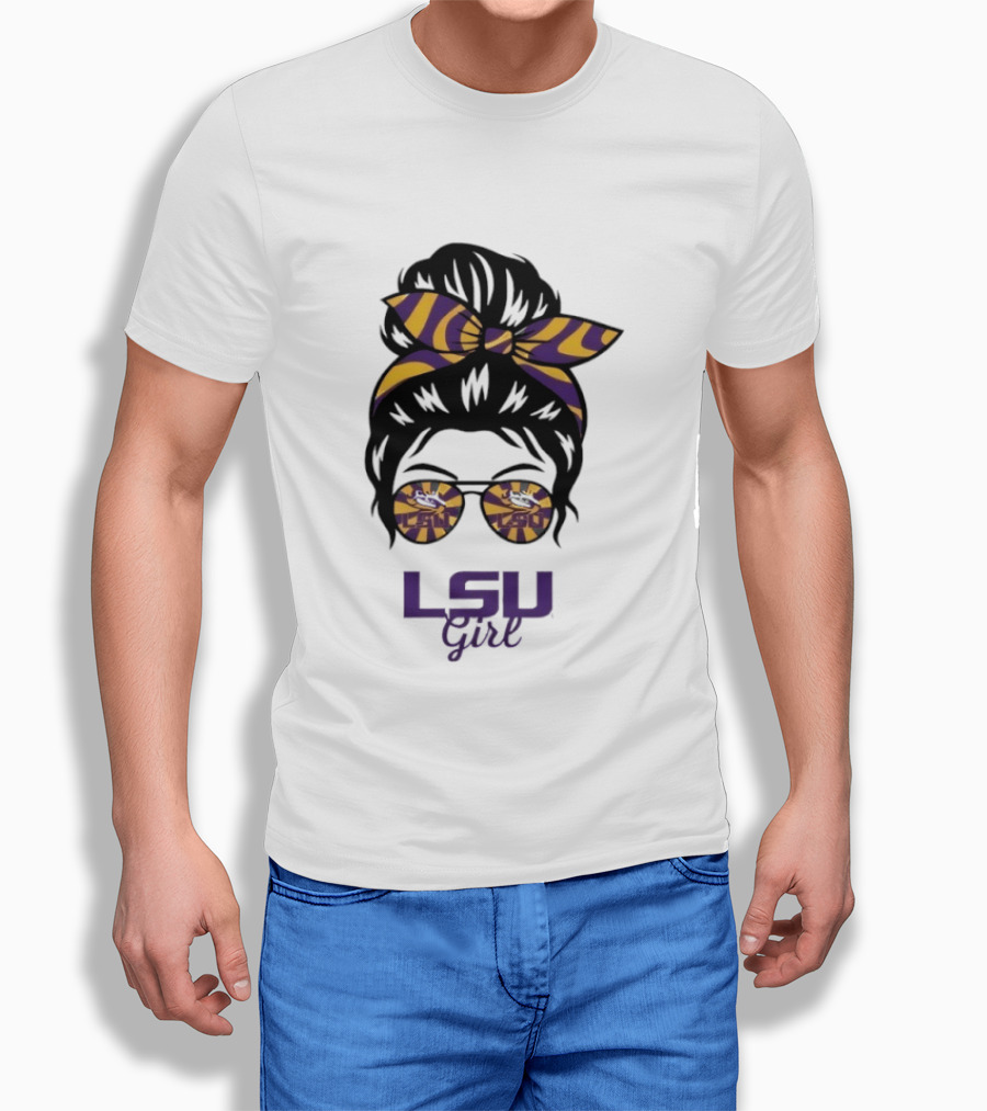 LSU Tigers Girl Purple Yellow Stripes Messy Bun Glasses T-Shirt